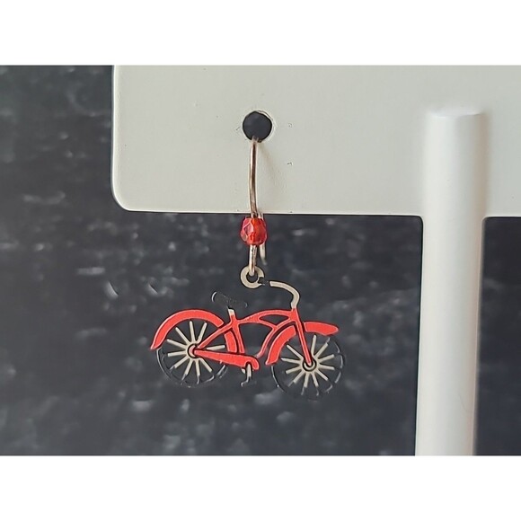 925 Sterling Silver Hook Red Bicycle Shaped Dangling Pierced Plastic Earrings - Picture 5 of 10
